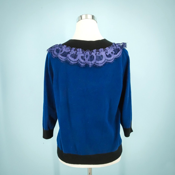 Robert Rodriguez Size Medium M Blue Black Lace Trim Button Front Down 3/4 Sleeve - Picture 2 of 6